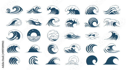 collection of various wave icons in blue color on white background