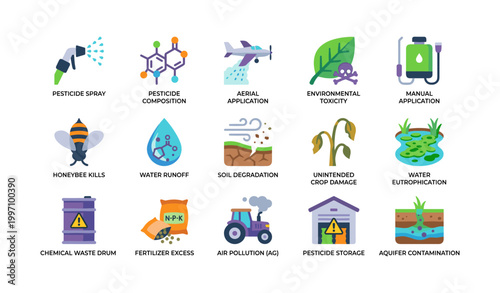 Agricultural pesticide impact icons arranged on white background