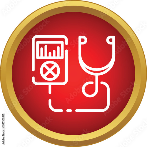 Stethoscope and monitor device inside a red circular icon indicating health and medical care