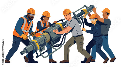 Teamwork in Heavy Industry Construction Workers Collaboratively Lifting Large Hydraulic Rock Drill Equipment for Mining Operations