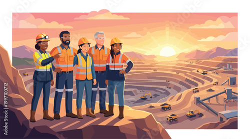 Diverse Mining Team Overseeing Open Pit Operation Landscape Vector Illustration