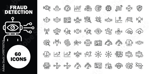 Line for fraud detection, including security, hacking, and cybercrime symbols, on a white background, with a black panel