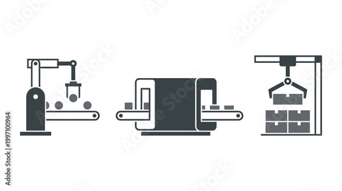 Automated Production Line with Robotic Arm and Packaging Station, Industrial Manufacturing Process on Isolated White Background