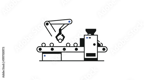 Robotic Arm Sorting Objects on Conveyor Belt in Automated Factory Process Line, Isolated White Background