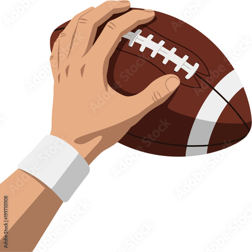 Hand holding American football ball.