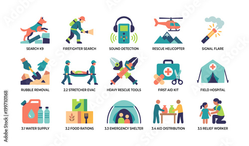 Search and rescue icons showing emergency response in white space