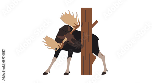 Majestic Moose Standing Beside a Tree in a Vector Illustration.