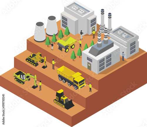 Isometric Industrial Mining Site and Electrical Substation Infrastructure Vector Illustration Set