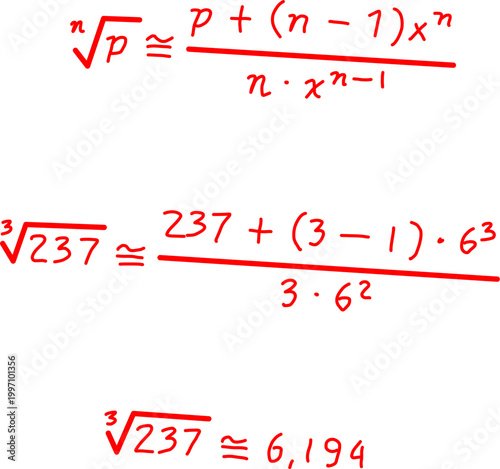 Mathematical approximation formula for n-th root shown in red on white background, with example of cube root of 237 calculation and numerical result.