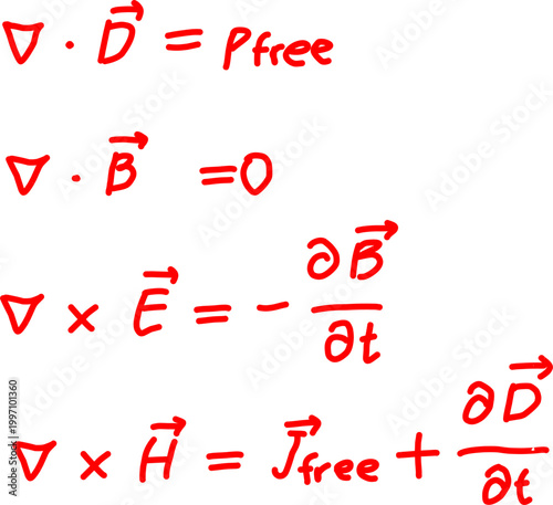 Detailed view of Maxwell’s equations in red on white, highlighting divergence and curl forms with free charge and current terms in electromagnetism theory.