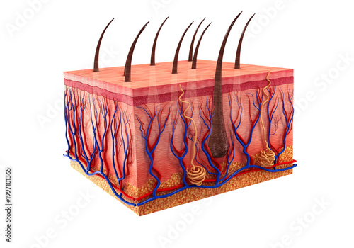 Foto Human skin 3D cross section with hair follicles and vascular network, anatomy mo
