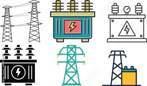 Isometric Electrical Substation Components and Heavy Construction Machinery Vector Set for Power Grid Design