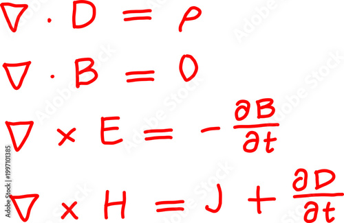 Close-up of Maxwell’s equations in red text on white background, illustrating electromagnetic field relationships using divergence and curl notation.