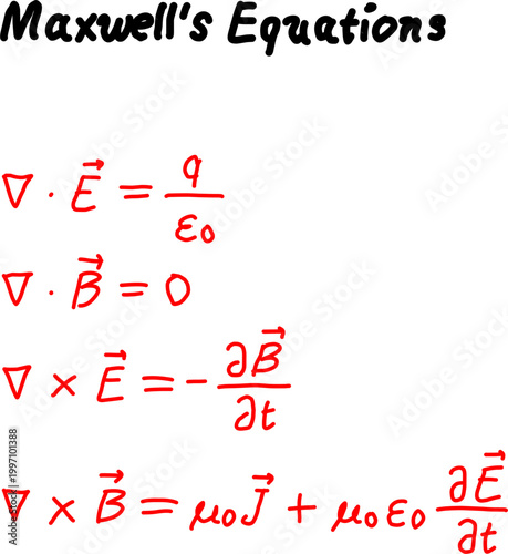 Illustration of Maxwell’s equations in red on a white background, showing fundamental laws of electromagnetism with vector notation and differential form.