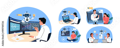Artificial intelligence in healthcare set, doctors and patients using AI technology for medical diagnosis, data analysis and telemedicine
. Flat style cartoon vector illustration.