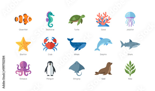 Marine and sea life icons depicting fish and ocean creatures