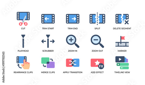 Video editing control icons displaying timeline and clip tools