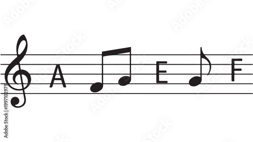 Musical notes on a staff with treble clef and notes A E F for music education concepts