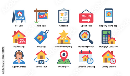 Real estate icons showing listings and home action on white background