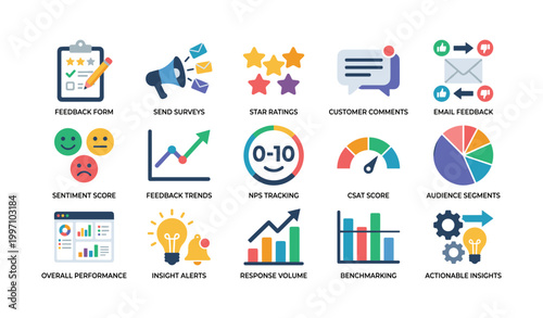 Feedback analytics and reporting icons for performance metrics