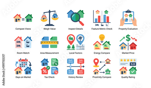 Property analysis icons showing comparison and metrics on white