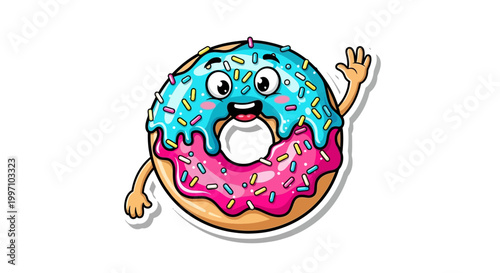 Bild auf Leinwand Cute Cartoon Donut Character Waving Hello with Blue and Pink Frosting