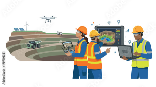 Diverse Workers Utilizing Drone Technology for Mining Site Survey and Data Analysis in Industrial Landscape