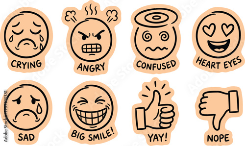 Diverse Emotions Illustrated on Round Paper Cutouts with Simple Line Art