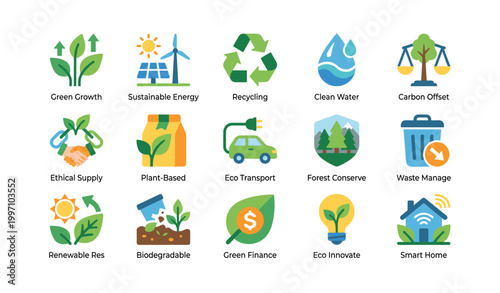 Sustainability and green living icons arranged on white background