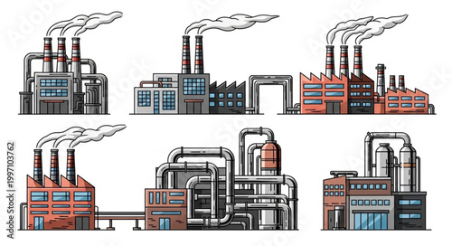 Collection of Industrial Factory Buildings with Smoke Stacks.