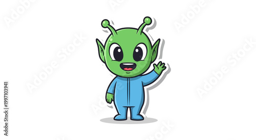 Photos Cute green alien waving hello, cartoon character, isolated on white background