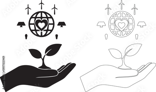Set of 2 Eco-Friendly Hand Holding Plant and Earth Globe Icons Vector
