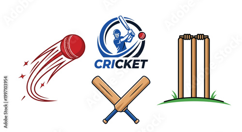 cricket elements illustration with ball bats stumps and logo