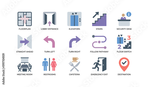 Wayfinding icons indicating directions and locations in building