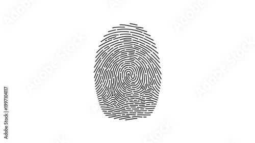 Close-up of single black fingerprint on white background for identity and security concepts