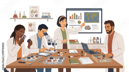 Geological Research Team Analyzing Rock Samples in a Modern Laboratory Setting for Industry Applications