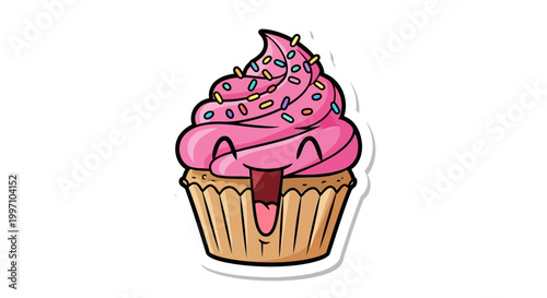 Happy Pink Cupcake with Sprinkles, Cartoon Character, Funny Dessert