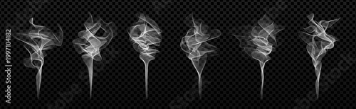 Hot coffee or cigarette steam. Realistic white vapour rising from coffee mug or tea cup, isolated on black or transparent background. Vector effect for hot drink aroma, cooking heat or warm fragrance.