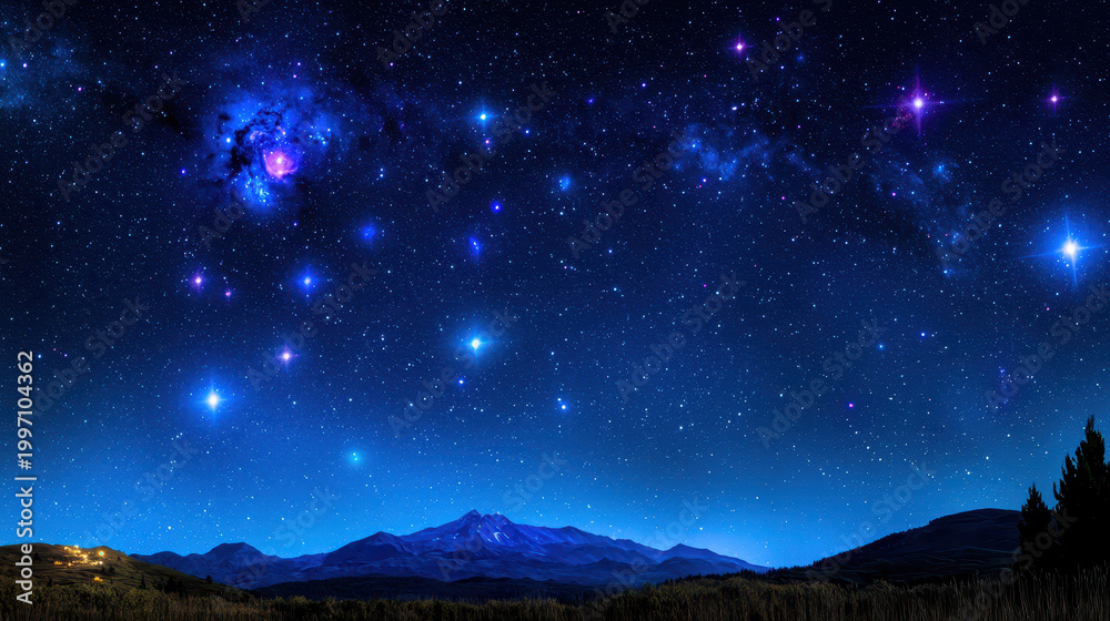 Fototapeta premium Mesmerizing photo of starry night sky filled with bright stars and celestial bodies over mountain landscape, evoking sense of wonder
