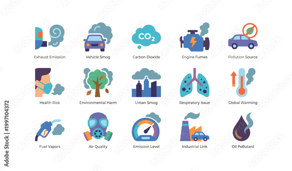 Fototapeta premium Air pollution icons illustrating emissions and health impacts