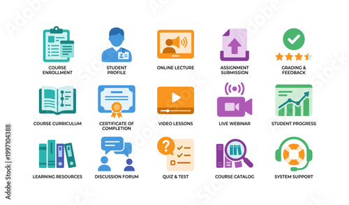 E learning icons illustrating online course features