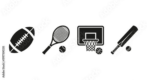 sports equipment icons set on white background