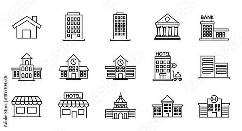 Collection of various building icons in a simple line art style.