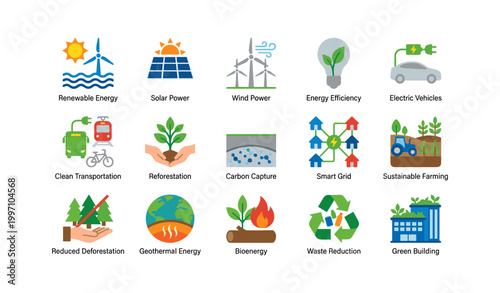 Environmental and renewable energy icons arranged on white