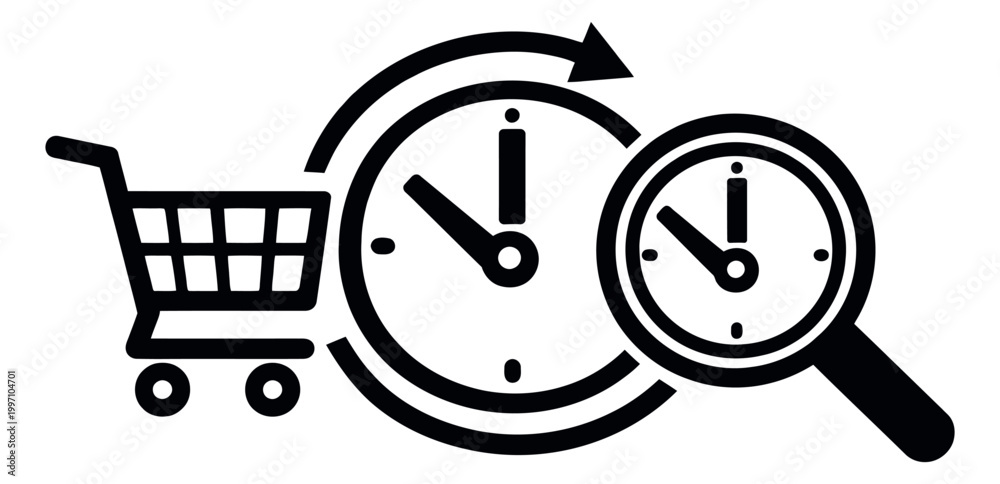 Obraz premium Modern line art illustration of a shopping cart, clock, and magnifying glass depicting shopping time and search for deals for e-commerce