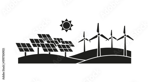 Renewable energy landscape with solar panels and wind turbines under the sun on isolated white background.