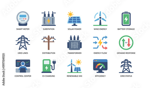 Energy icons depicting grid components and renewable sources