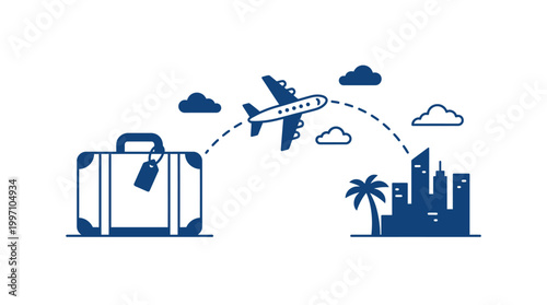 Blue Airplane Travel Route from Cityscape to Tropical Island with Luggage, Vacation Getaway Concept in Bright Studio.