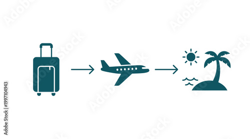 Blue Airplane Travel Route to Tropical Island with Palm Tree, Vacation Journey Concept on Isolated White Background.
