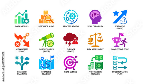 Strategic planning icons showing swot and analysis on white background